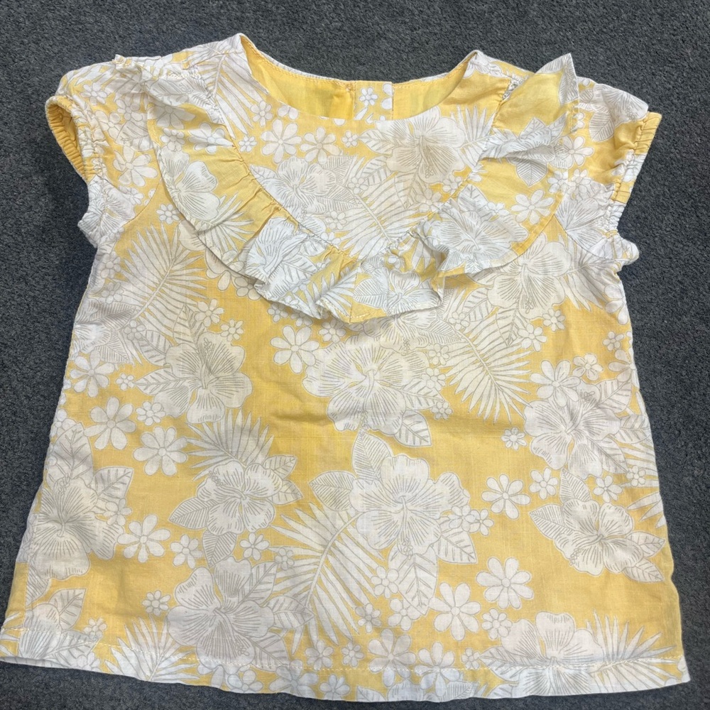 Janie and Jack Yellow and White Floral Blouse with Ruffled Neckline